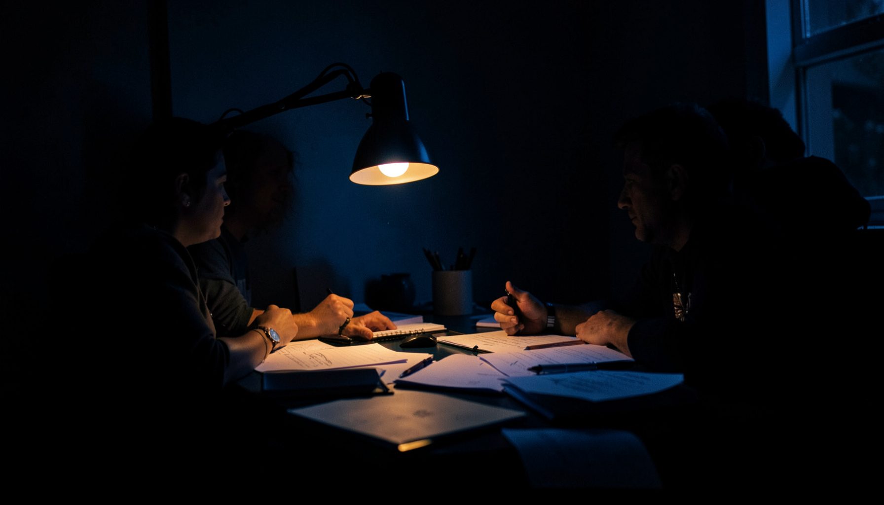A dark, low-key photograph of a collaborative workspace with deep navy and charcoal shadows, warm amber desk-lamp glow